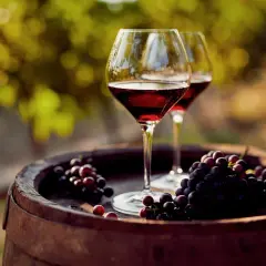 Due calici di vino rosso e grappoli d'uva su una botte. Un'immagine che evoca il processo di come si fa il vino novello.