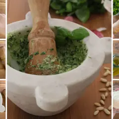 Preparazione del pesto alla genovese nel mortaio: basilico, aglio, pinoli, parmigiano e olio d'oliva si uniscono per un sapore autentico.