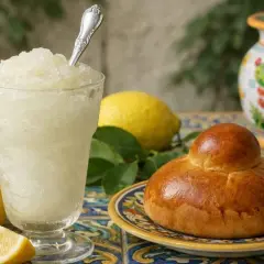 Un bicchiere di granita siciliana al limone, con brioche e limoni freschi, su un tavolo decorato.