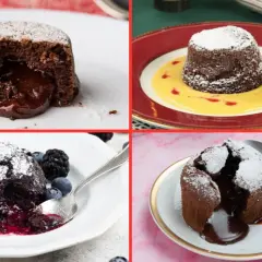Quattro deliziosi tortini al cioccolato, alcuni con frutti di bosco, altri con crema, pronti per essere gustati.