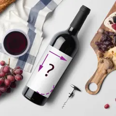 Bottiglia di vino rosso con etichetta vuota, grappolo d'uva, pane, formaggio e salumi. Indicazioni grafiche sulla lunghezza bottiglia vino.