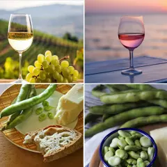 Un bicchiere di vino bianco in vigna, uno rosato al tramonto, fave, pane e pecorino. Un'armonia di sapori.