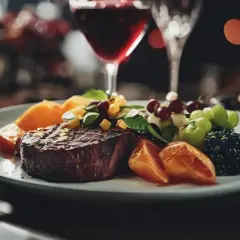 Bistecca succulenta con frutta fresca e bacche, un perfetto esempio di syrah abbinamenti per una cena elegante.