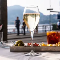 Un bicchiere di bollicine e stuzzichini, il vero significato di aperitivo in riva al lago.