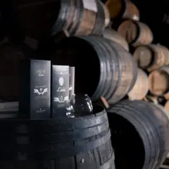 Bottiglie di grappa Castagner su botti di legno. Il significato di grappa barricata è legato all'affinamento in botte, che dona colore e aromi complessi.