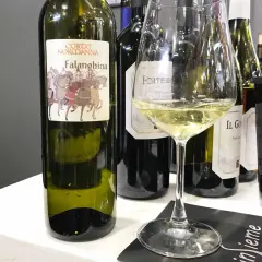 Calice di Falanghina con bottiglia e altre etichette. Perfetto per scoprire i falanghina abbinamenti con piatti di pesce e formaggi freschi.