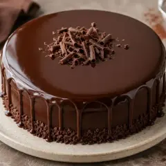 Torta al cioccolato con glassa a specchio facile, decorata con riccioli di cioccolato e briciole croccanti.