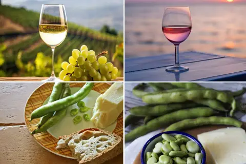 Un bicchiere di vino bianco in vigna, uno rosato al tramonto, fave, pane e pecorino. Un'armonia di sapori.