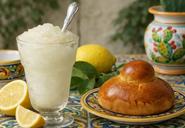 Un bicchiere di granita siciliana al limone, con brioche e limoni freschi, su un tavolo decorato.