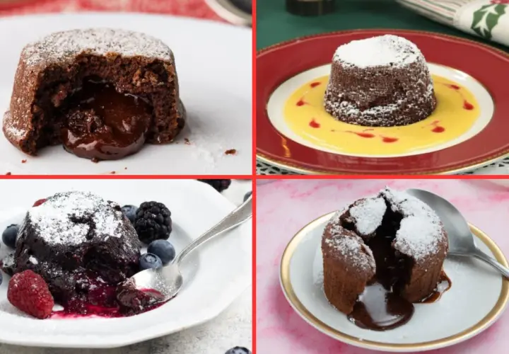 Quattro deliziosi tortini al cioccolato, alcuni con frutti di bosco, altri con crema, pronti per essere gustati.