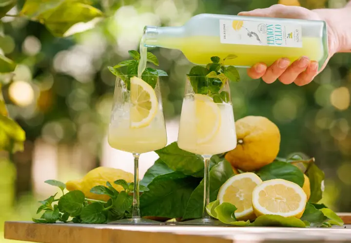 Un rinfrescante amalfi spritz viene versato in due bicchieri con limone e menta, circondati da limoni freschi e foglie verdi.
