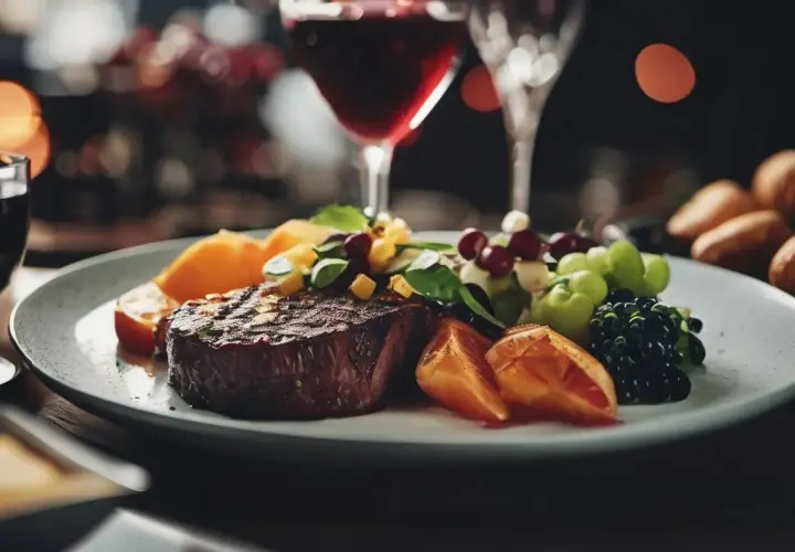 Bistecca succulenta con frutta fresca e bacche, un perfetto esempio di syrah abbinamenti per una cena elegante.