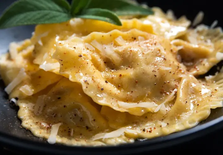 Tortelli cremaschi fumanti, conditi con burro fuso, parmigiano e una foglia di salvia. Un piatto che sa di casa.