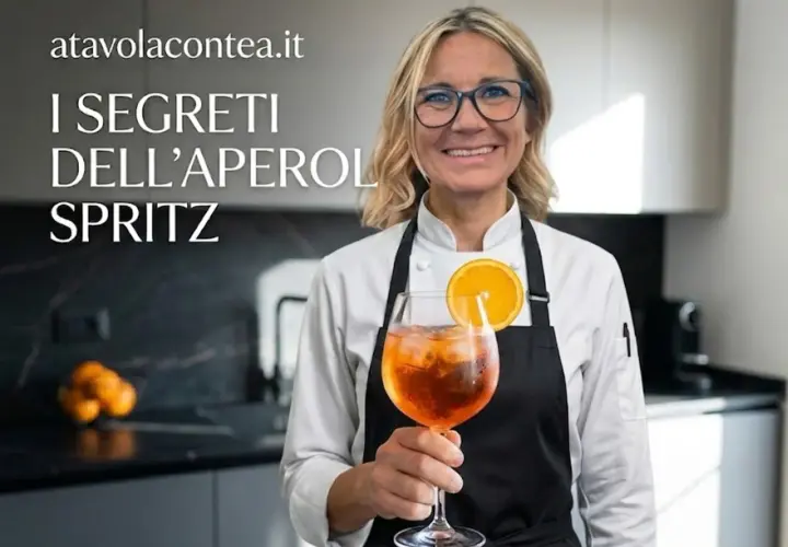 Donna sorridente con un bicchiere di Spritz Aperol, guarnito con arancia. Scopri i segreti degli ingredienti Spritz Aperol perfetti.