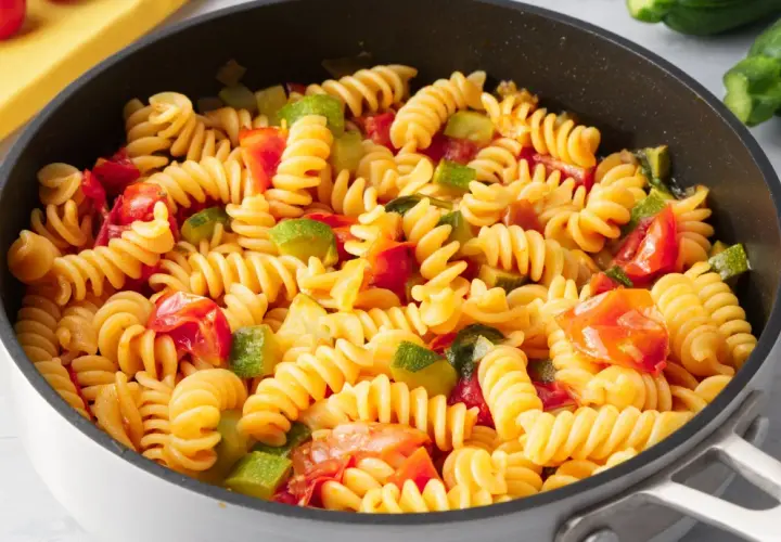 Fusilli con zucchine e pomodorini freschi, un piatto colorato e saporito, pronto per essere gustato.
