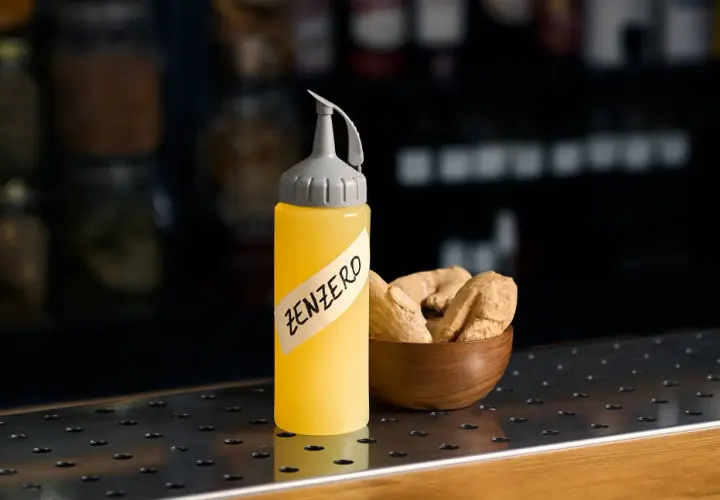 Flacone giallo con etichetta "ZENZERO" e una ciotola di radici di zenzero essiccate.