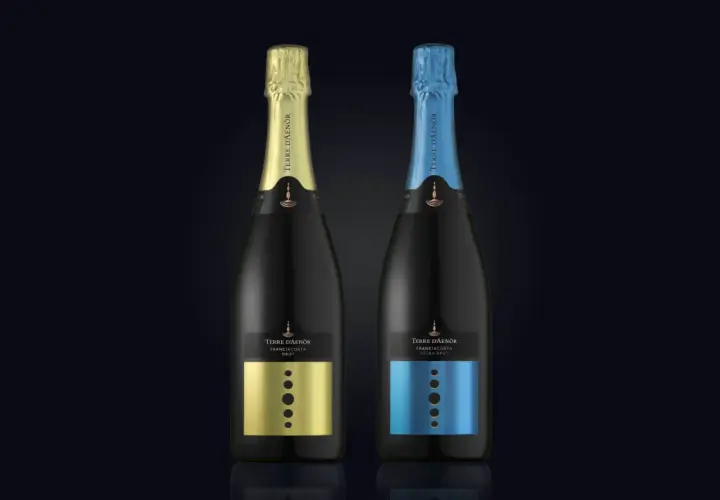Due bottiglie di Franciacorta Terre d'Aenòr, una con capsula oro e etichetta oro, l'altra con capsula blu e etichetta blu. Entrambe sono Extra Brut, senza zucchero aggiunto.