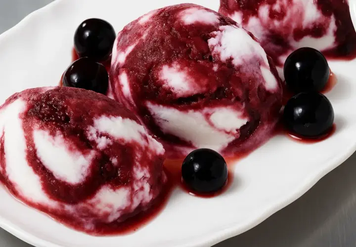 Delizioso gelato al vino con striature rosse e bianche, guarnito con ciliegie scure su un piatto bianco.