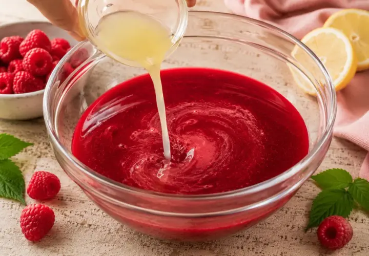Si aggiunge succo di limone al rosso sciroppo di lamponi fatto in casa da Benedetta, pronto per essere gustato.