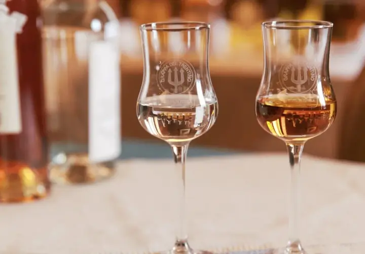 Due bicchieri di grappa, uno trasparente e uno ambrato, mostrano diversi tipi di grappa.