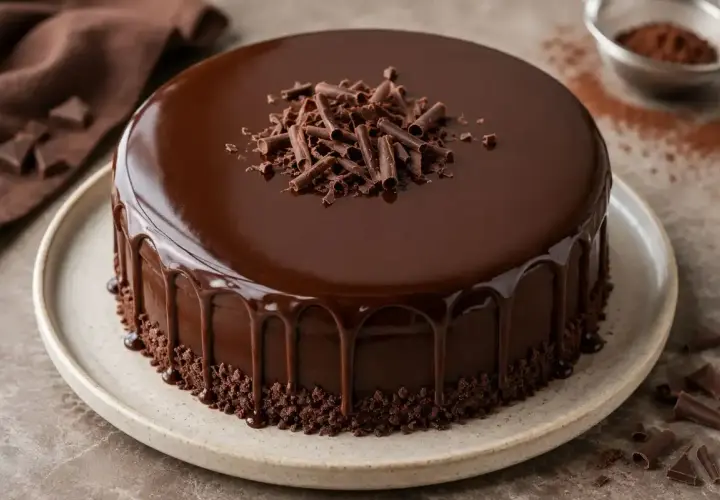 Torta al cioccolato con glassa a specchio facile, decorata con riccioli di cioccolato e briciole croccanti.