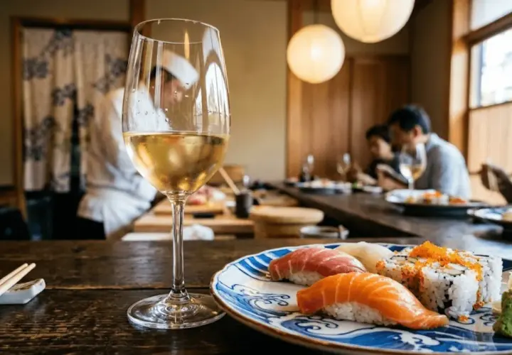Un bicchiere di vino bianco accanto a un piatto di sushi misto, con chef e clienti sullo sfondo. Un perfetto abbinamento vino sushi per una cena raffinata.