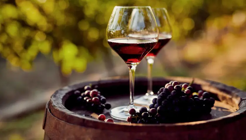 Due calici di vino rosso e grappoli d'uva su una botte. Un'immagine che evoca il processo di come si fa il vino novello.