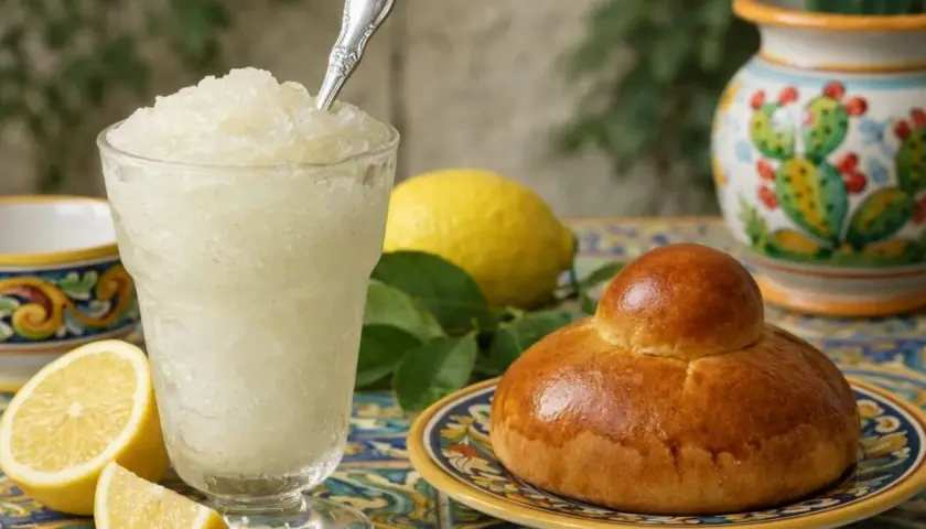 Un bicchiere di granita siciliana al limone, con brioche e limoni freschi, su un tavolo decorato.