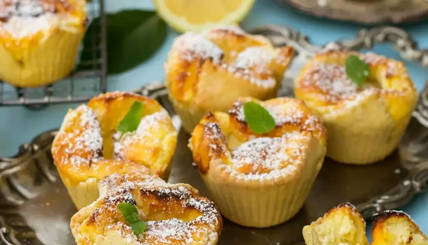 Deliziosi tortini di budino di riso, spolverati di zucchero a velo e guarniti con menta fresca, su un vassoio d'argento.