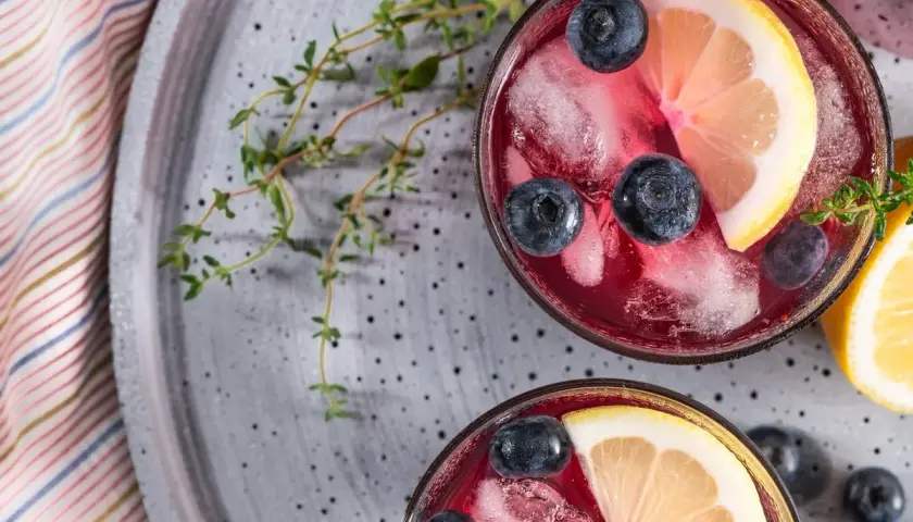 Due bicchieri di Negroni Sbagliato con mirtilli, limone e ghiaccio, perfetti per gustare i suoi ingredienti.