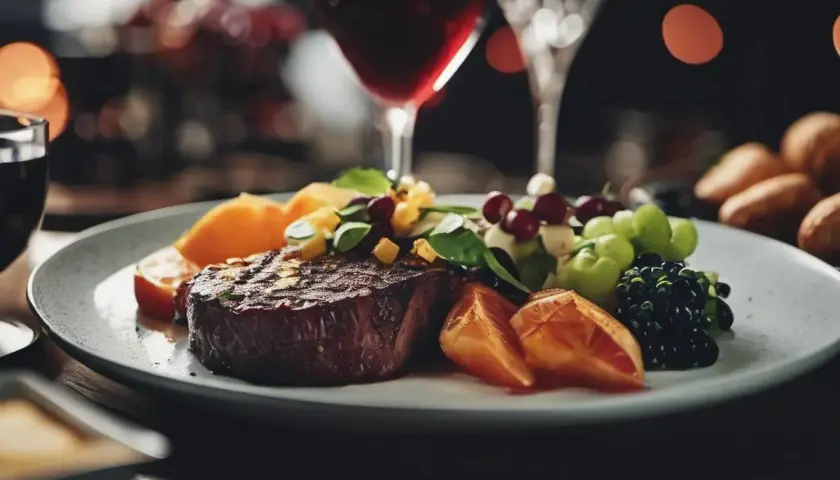 Bistecca succulenta con frutta fresca e bacche, un perfetto esempio di syrah abbinamenti per una cena elegante.