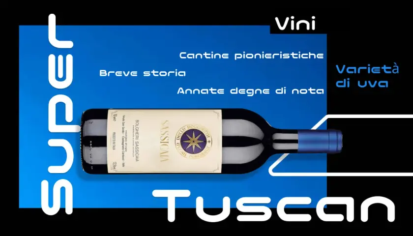Vino toscana: bottiglia di Sassicaia, cantine pionieristiche e annate degne di nota.