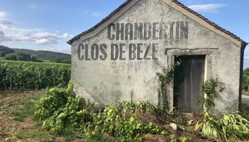 Capanna in vigneto con scritta "CHAMBERTIN CLOS DE BEZE", che evoca il significato di grand cru, eccellenza vinicola.
