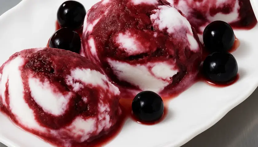 Delizioso gelato al vino con striature rosse e bianche, guarnito con ciliegie scure su un piatto bianco.