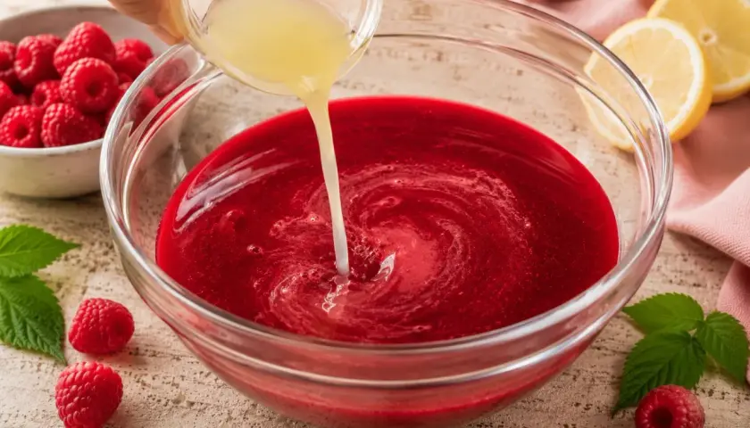 Si aggiunge succo di limone al rosso sciroppo di lamponi fatto in casa da Benedetta, pronto per essere gustato.