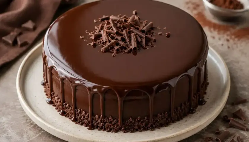 Torta al cioccolato con glassa a specchio facile, decorata con riccioli di cioccolato e briciole croccanti.