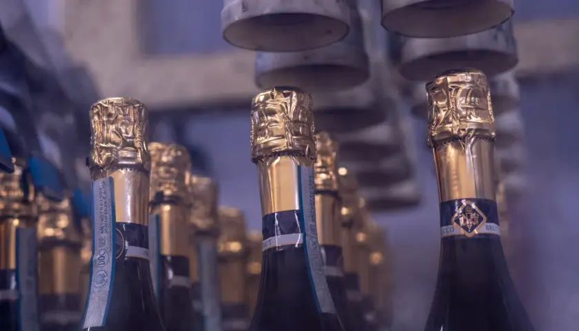 Bottiglie di Prosecco pronte per essere imbottigliate. Chissà quanti gradi ha il Prosecco che uscirà da queste bottiglie?