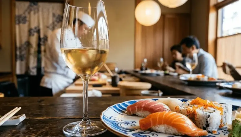 Un bicchiere di vino bianco accanto a un piatto di sushi misto, con chef e clienti sullo sfondo. Un perfetto abbinamento vino sushi per una cena raffinata.
