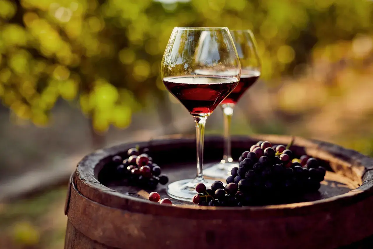 Due calici di vino rosso e grappoli d'uva su una botte. Un'immagine che evoca il processo di come si fa il vino novello.