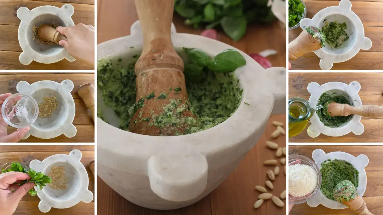 Preparazione del pesto alla genovese nel mortaio: basilico, aglio, pinoli, parmigiano e olio d'oliva si uniscono per un sapore autentico.