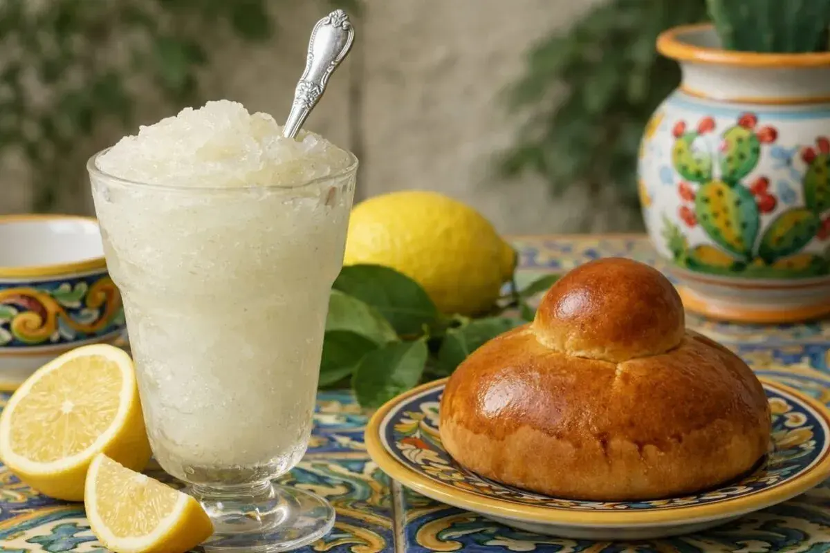 Un bicchiere di granita siciliana al limone, con brioche e limoni freschi, su un tavolo decorato.