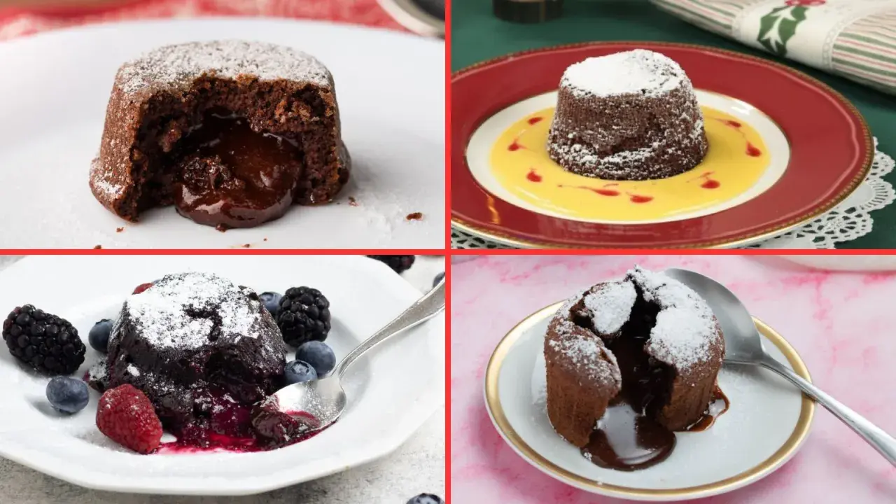 Quattro deliziosi tortini al cioccolato, alcuni con frutti di bosco, altri con crema, pronti per essere gustati.