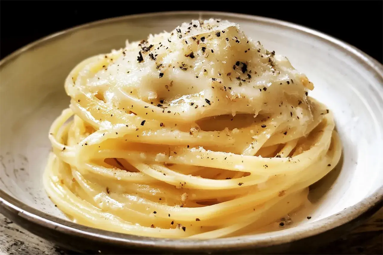 Un piatto di spaghetti cacio e pepe, cremosi e ricchi di pecorino romano e pepe nero macinato fresco.