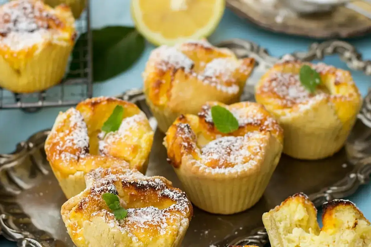Deliziosi tortini di budino di riso, spolverati di zucchero a velo e guarniti con menta fresca, su un vassoio d'argento.