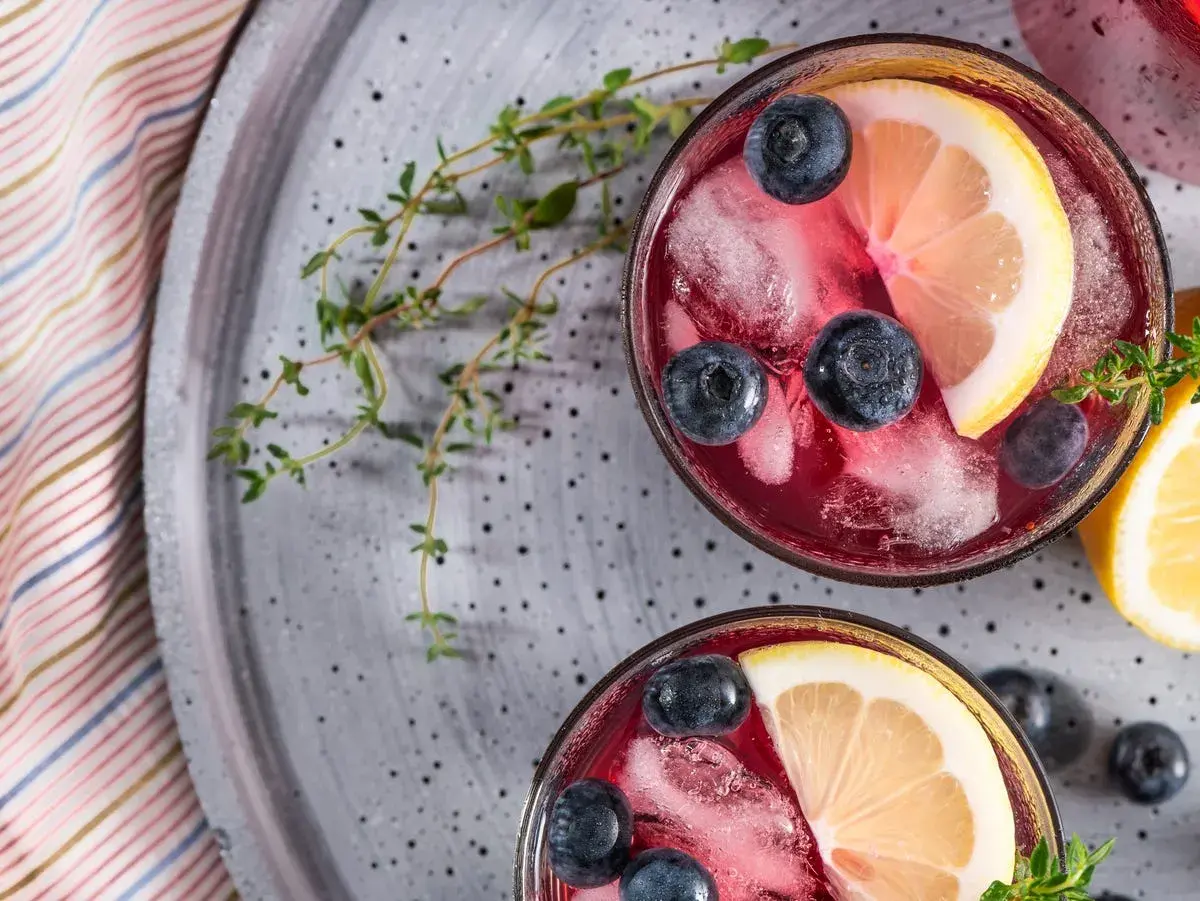 Due bicchieri di Negroni Sbagliato con mirtilli, limone e ghiaccio, perfetti per gustare i suoi ingredienti.