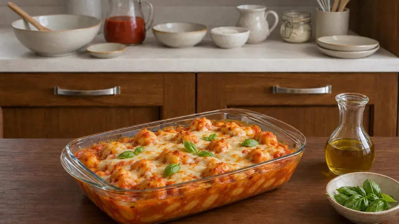 Gnocchi alla sorrentina appena sfornati, filanti e dorati, guarniti con basilico fresco. Un piatto invitante pronto per essere gustato.