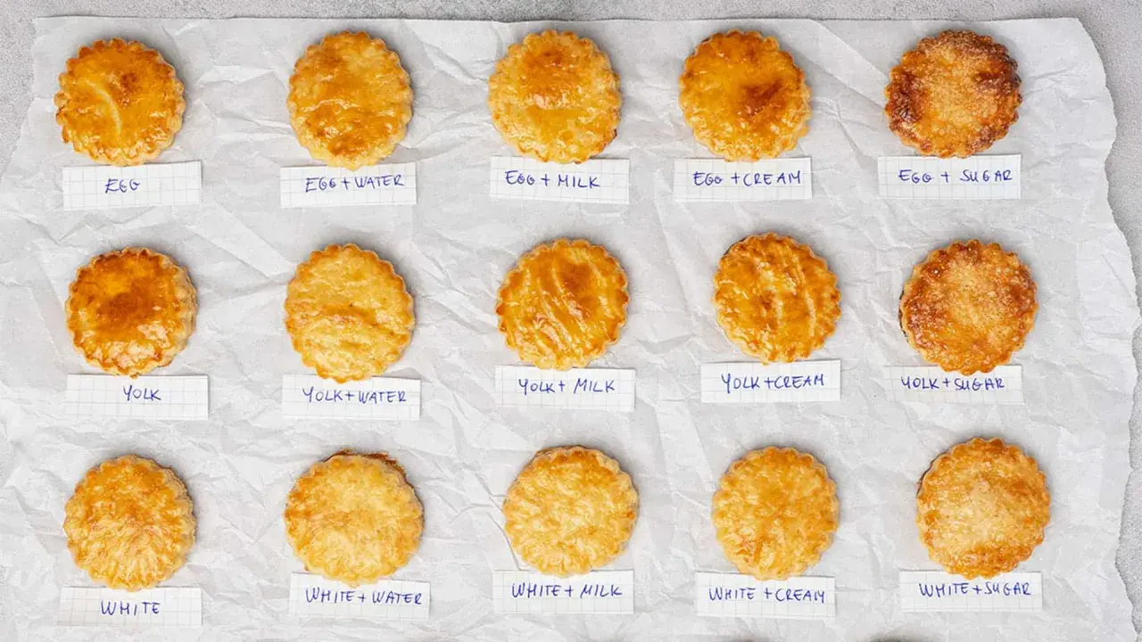 Quindici pasticcini dorati, ognuno con un'etichetta che indica il tipo di egg wash usato per ottenere la sua lucentezza.