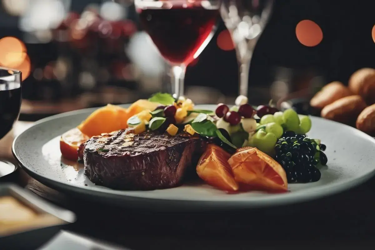 Bistecca succulenta con frutta fresca e bacche, un perfetto esempio di syrah abbinamenti per una cena elegante.