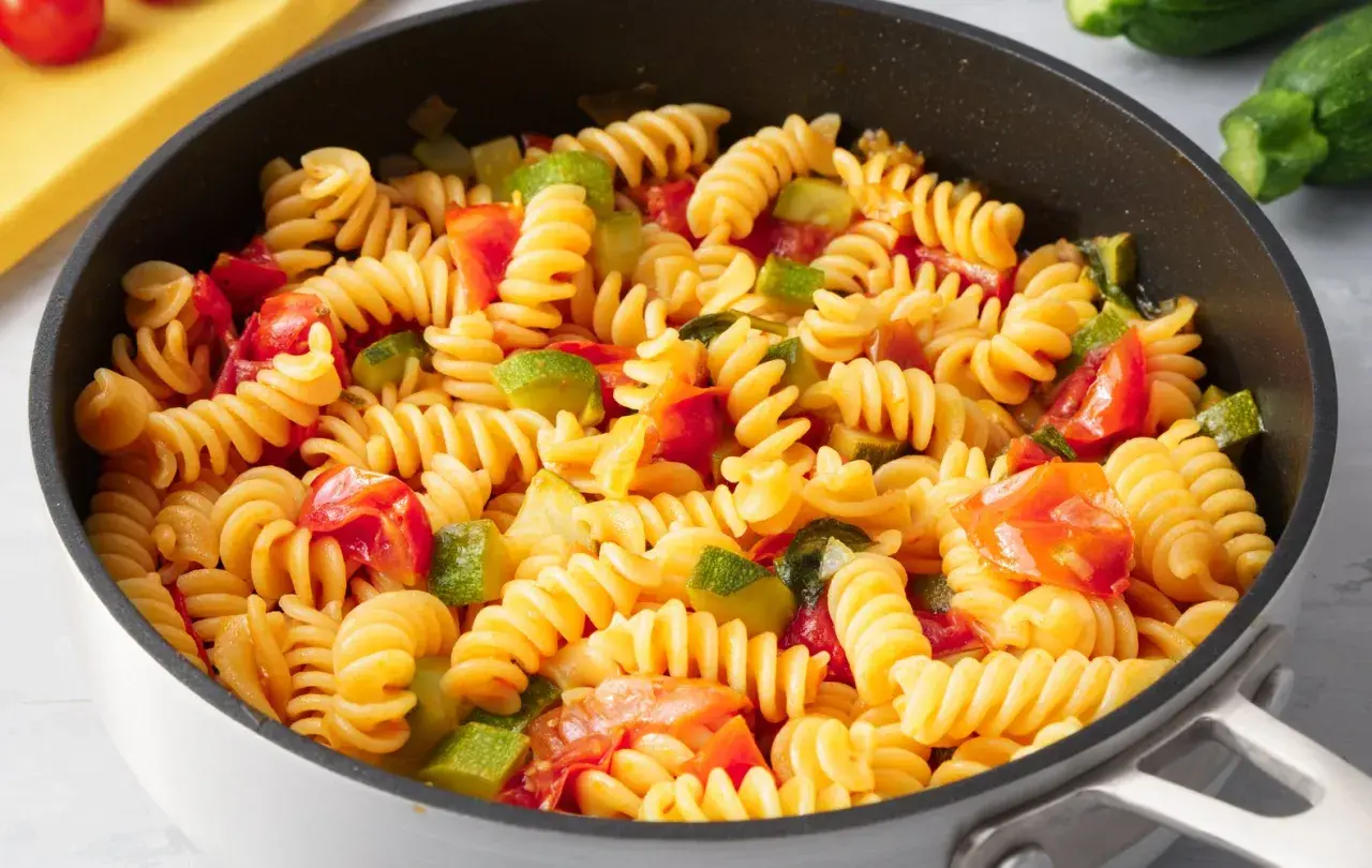 Fusilli con zucchine e pomodorini freschi, un piatto colorato e saporito, pronto per essere gustato.