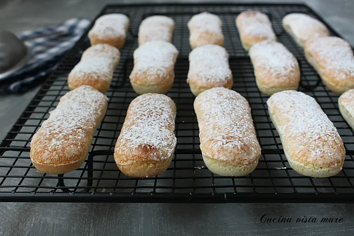 Savoiardi appena sfornati, spolverati di zucchero a velo, pronti per la tua ricetta.